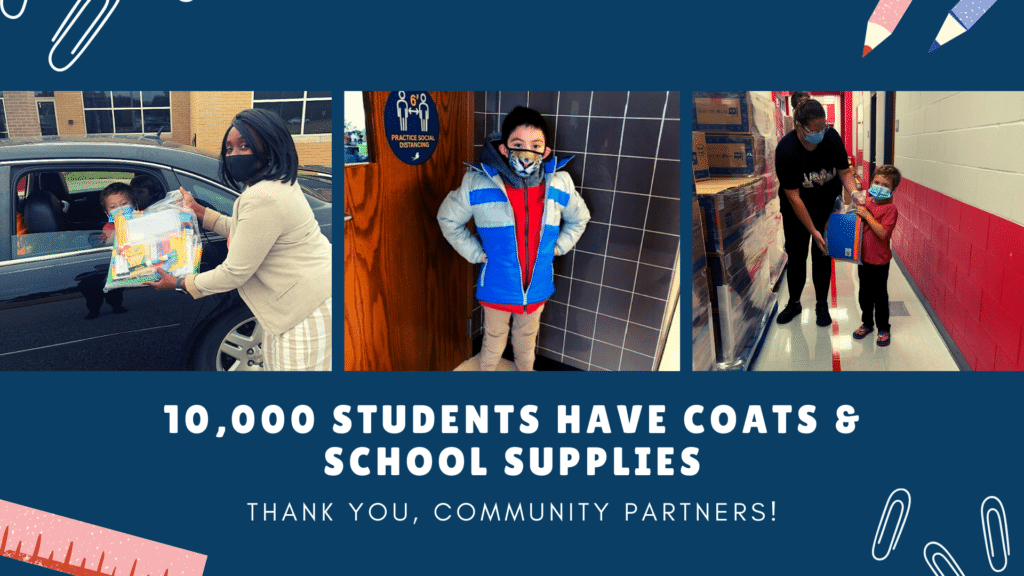 10,000 students have coats and school supplies graphic